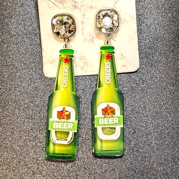 Green Cheers Beer Bottle Post Earrings - Picture 4 of 4
